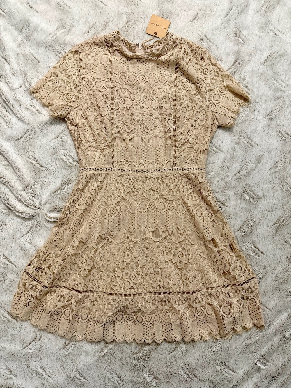 NWT Blu Pepper Beige Crochet Lace Mock Neck Boho Mini Dress